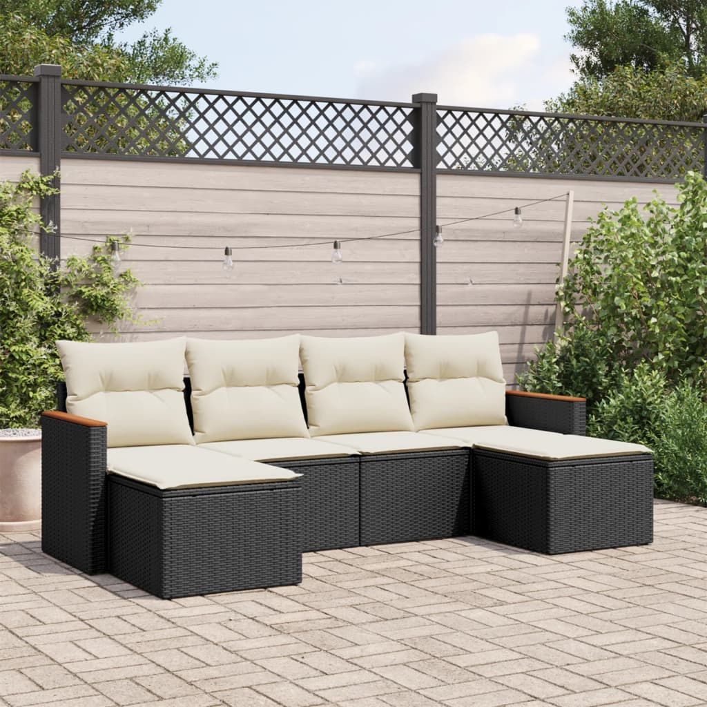 6-tlg. Garten-Sofagarnitur mit Kissen Schwarz Poly Rattan