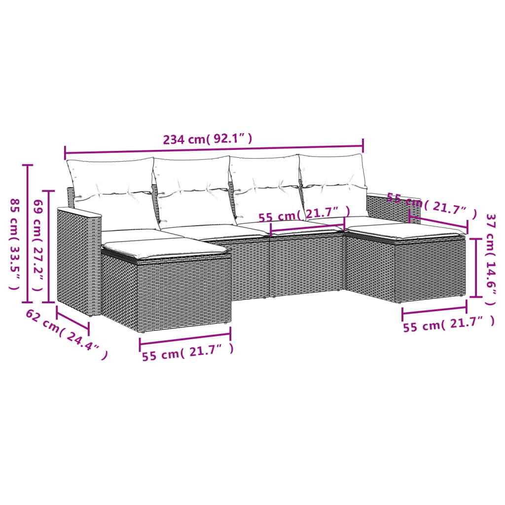 vidaXL 6-delige Loungeset met kussens poly rattan beige afbeelding