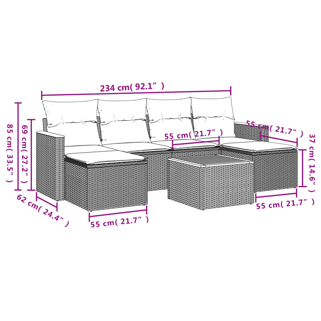 vidaXL 7-tlg. Garten-Sofagarnitur mit Kissen Beige Poly Rattan