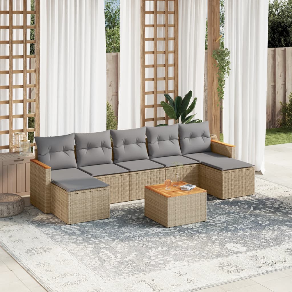 vidaXL 8-tlg. Garten-Sofagarnitur mit Kissen Beige Poly Rattan