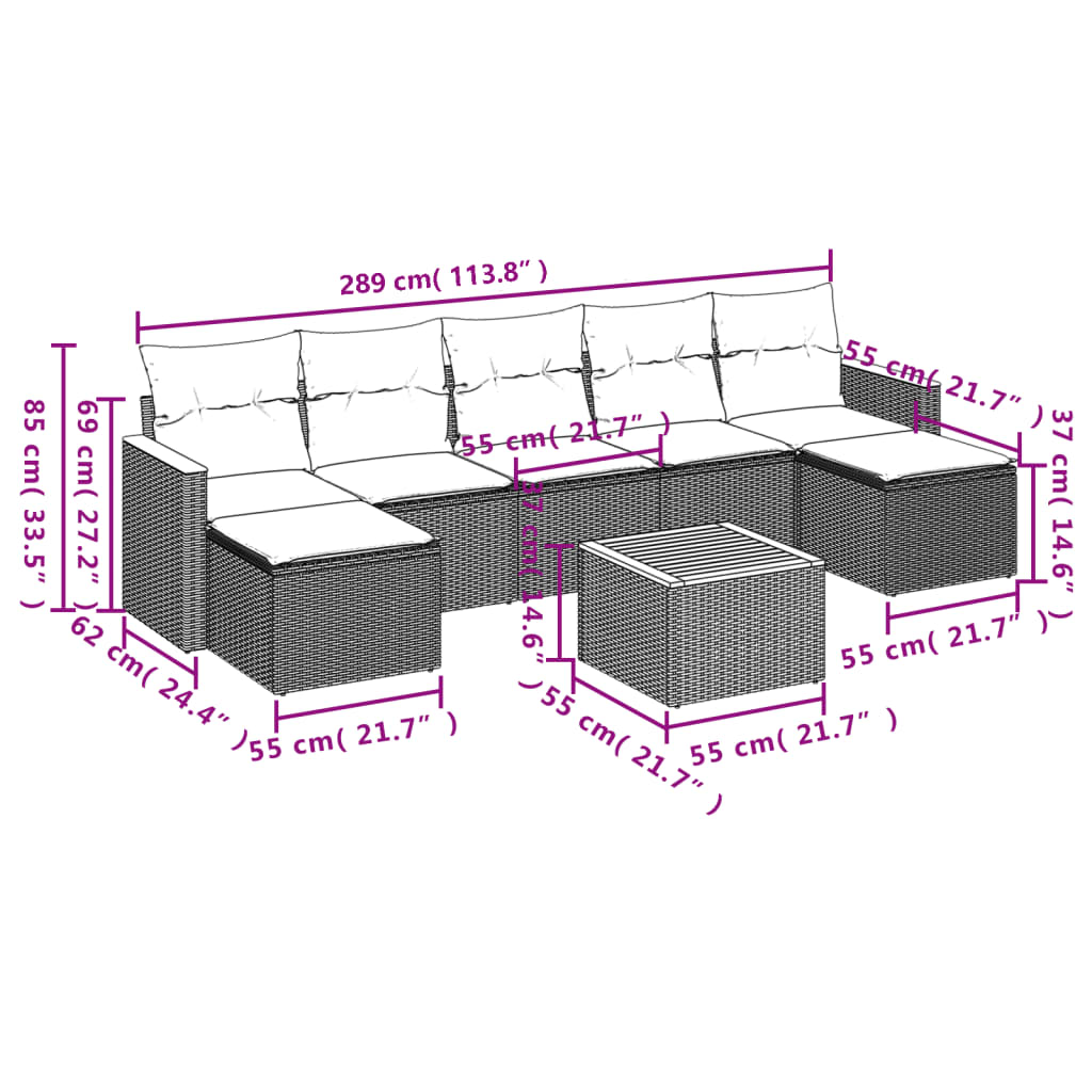 vidaXL 8-delige Loungeset met kussens poly rattan grijs afbeelding