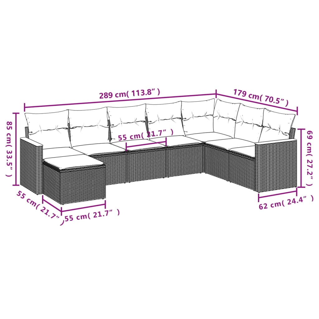Set mobilier de grădină cu perne, 8 piese, negru, poliratan 3258647 - imagine 3