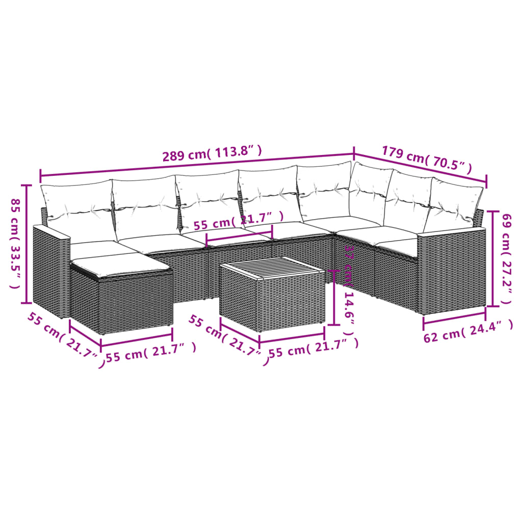 vidaXL 9-delige Loungeset met kussens poly rattan zwart afbeelding