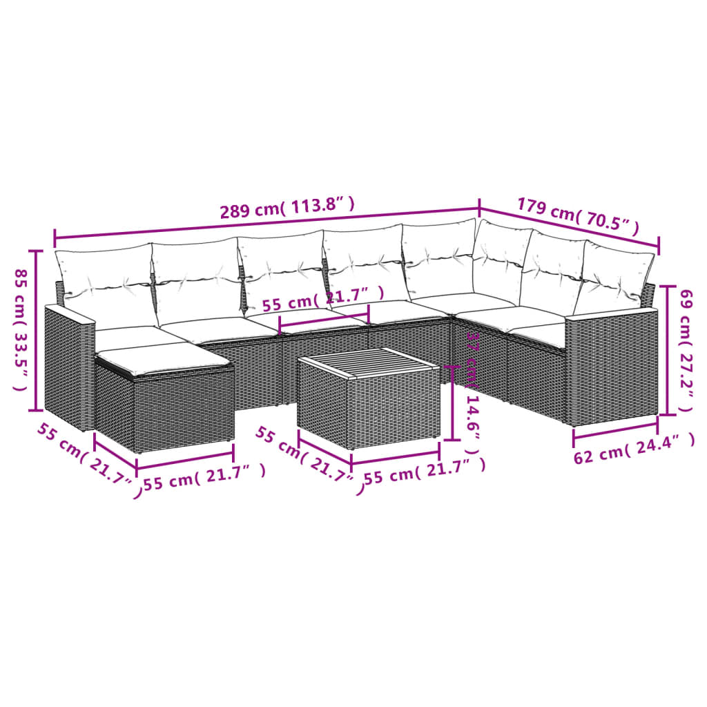 Set mobilier de grădină cu perne, 9 piese, negru, poliratan 3258654 - imagine 3