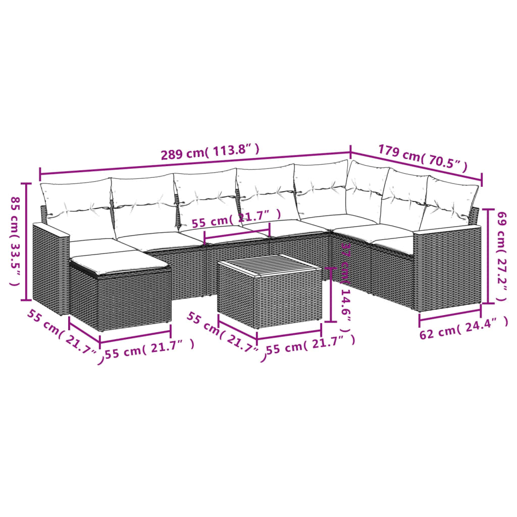 vidaXL 9-delige Loungeset met kussens poly rattan beige