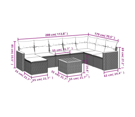 vidaXL 9-delige Loungeset met kussens poly rattan beige