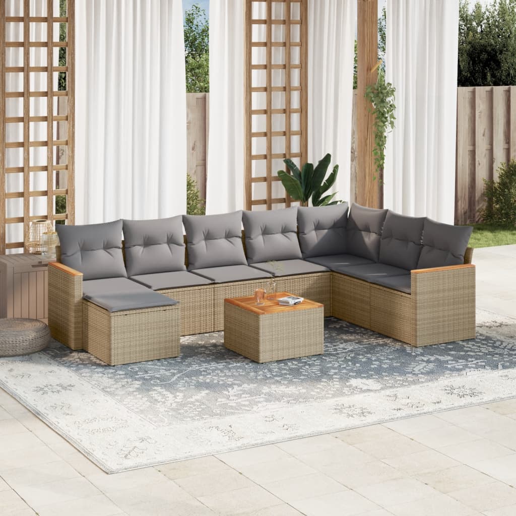 vidaXL 9-tlg. Garten-Sofagarnitur mit Kissen Beige Poly Rattan