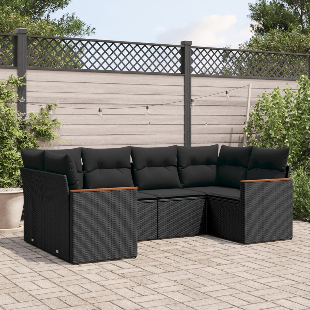 vidaXL 6-tlg. Garten-Sofagarnitur mit Kissen Schwarz Poly Rattan