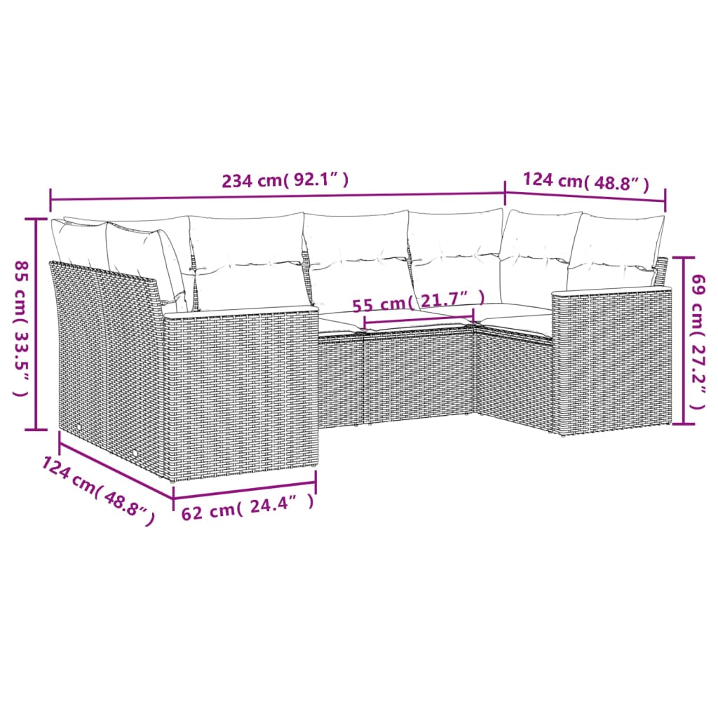 vidaXL 6-delige Loungeset met kussens poly rattan grijs afbeelding