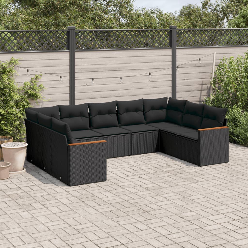 vidaXL 9-tlg. Garten-Sofagarnitur mit Kissen Schwarz Poly Rattan