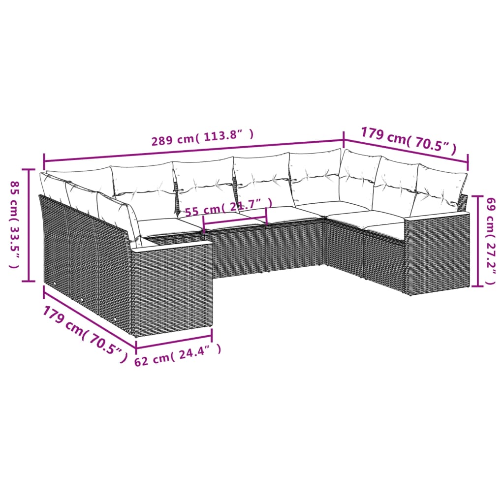 vidaXL 9-delige Loungeset met kussens poly rattan grijs afbeelding
