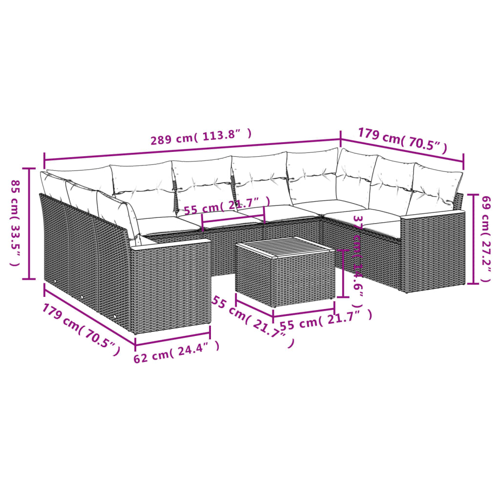 vidaXL 10 pcs conjunto de sofás p/ jardim com almofadões vime PE bege