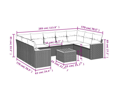 vidaXL 10 pcs conjunto de sofás p/ jardim com almofadões vime PE bege