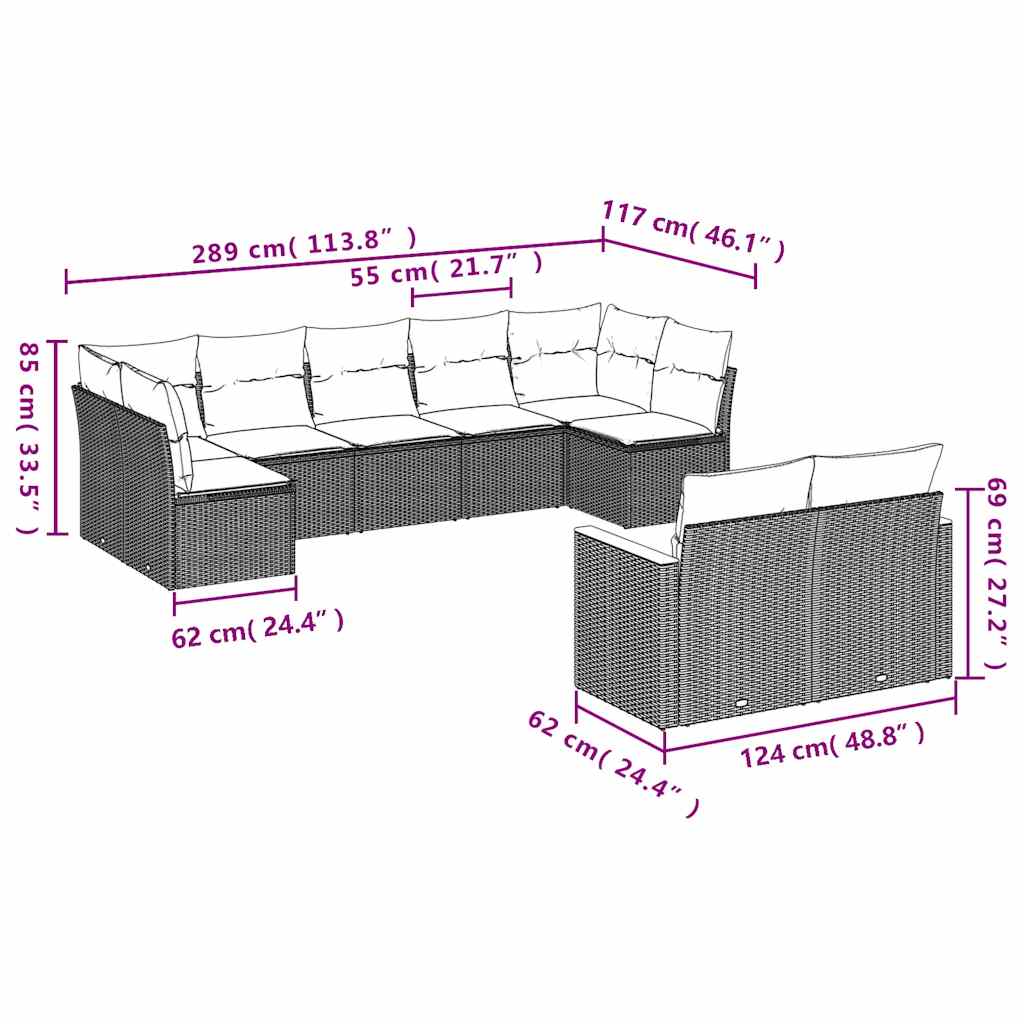 Set mobilier de grădină cu perne, 9 piese, negru, poliratan 3258688 - imagine 3