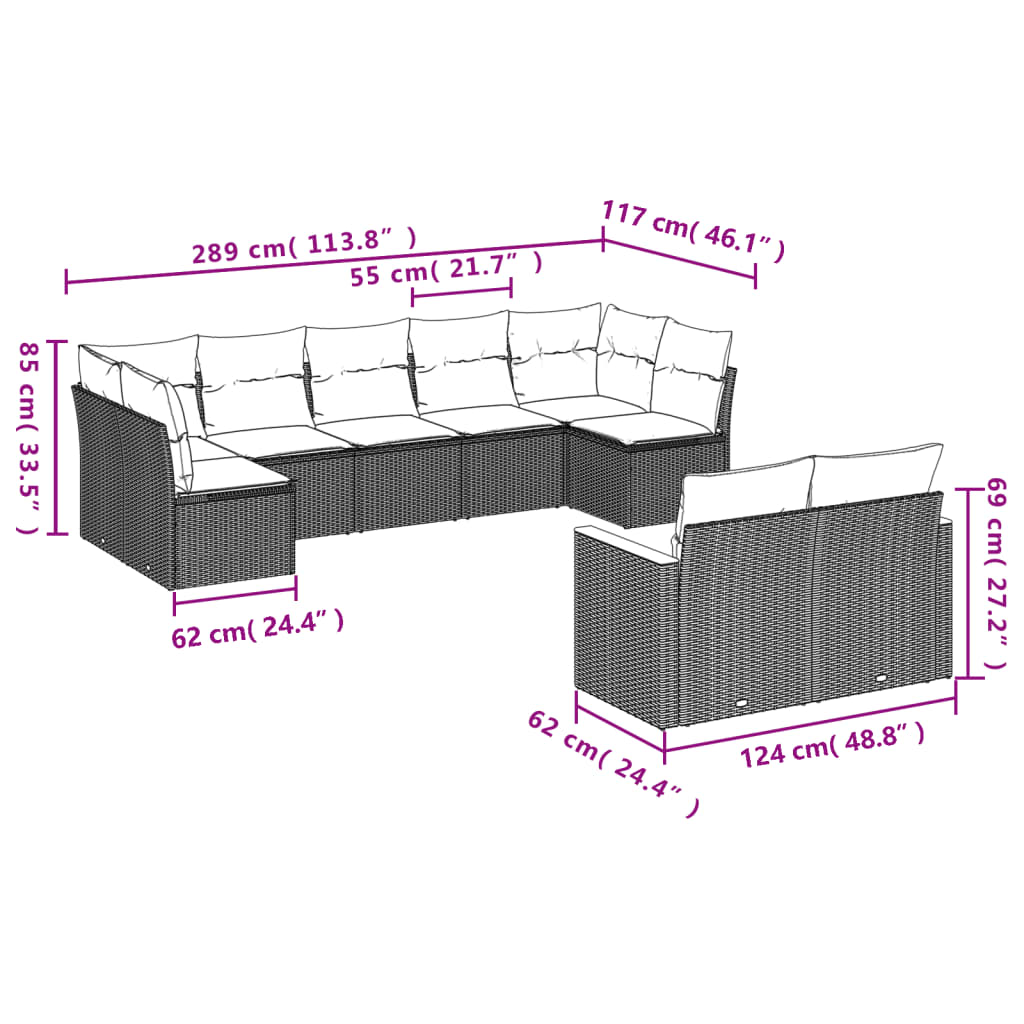 vidaXL 9-delige Loungeset met kussens poly rattan zwart afbeelding