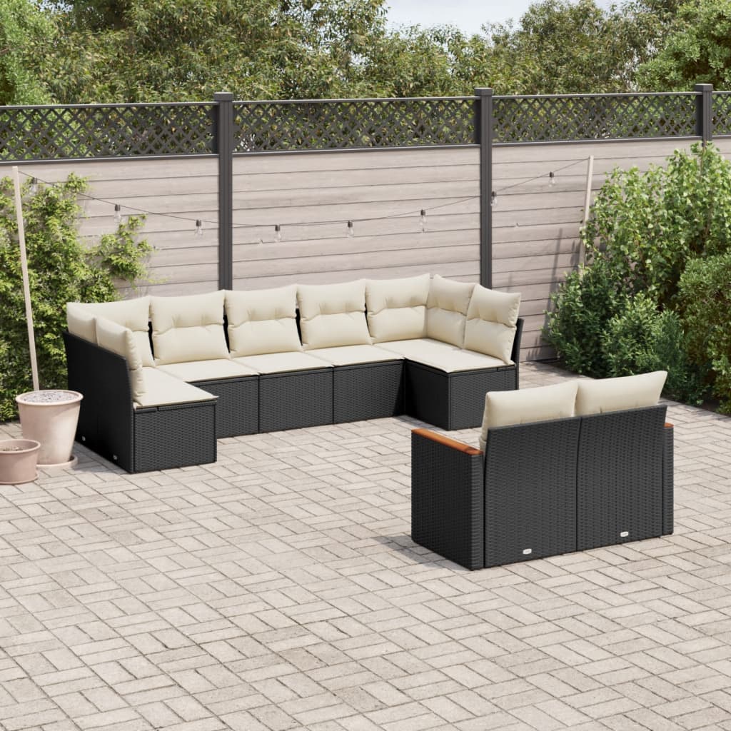 vidaXL 9-tlg. Garten-Sofagarnitur mit Kissen Schwarz Poly Rattan