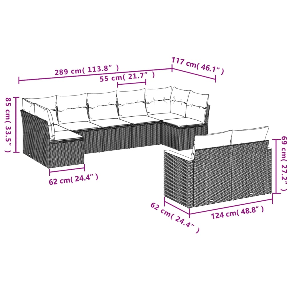 vidaXL 9-delige Loungeset met kussens poly rattan grijs afbeelding