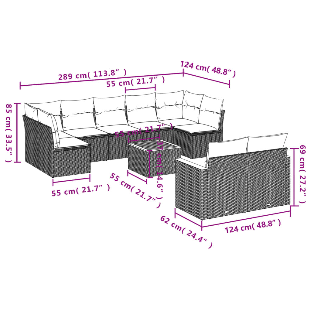 vidaXL 10-delige Loungeset met kussens poly rattan zwart afbeelding