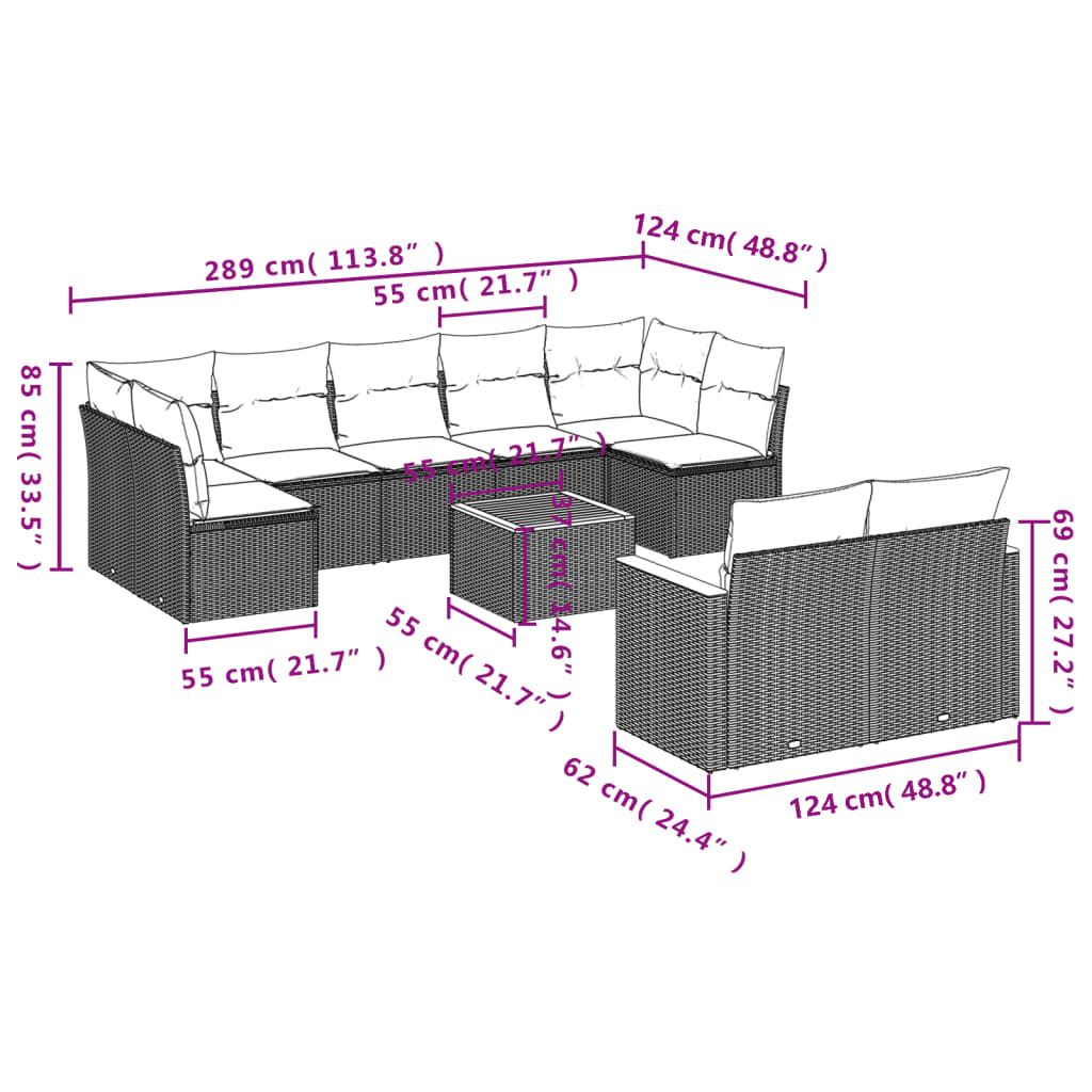 vidaXL 10 pcs conjunto de sofás p/ jardim com almofadões vime PE bege