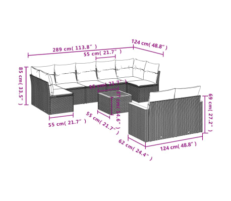 vidaXL 10 pcs conjunto de sofás p/ jardim com almofadões vime PE bege