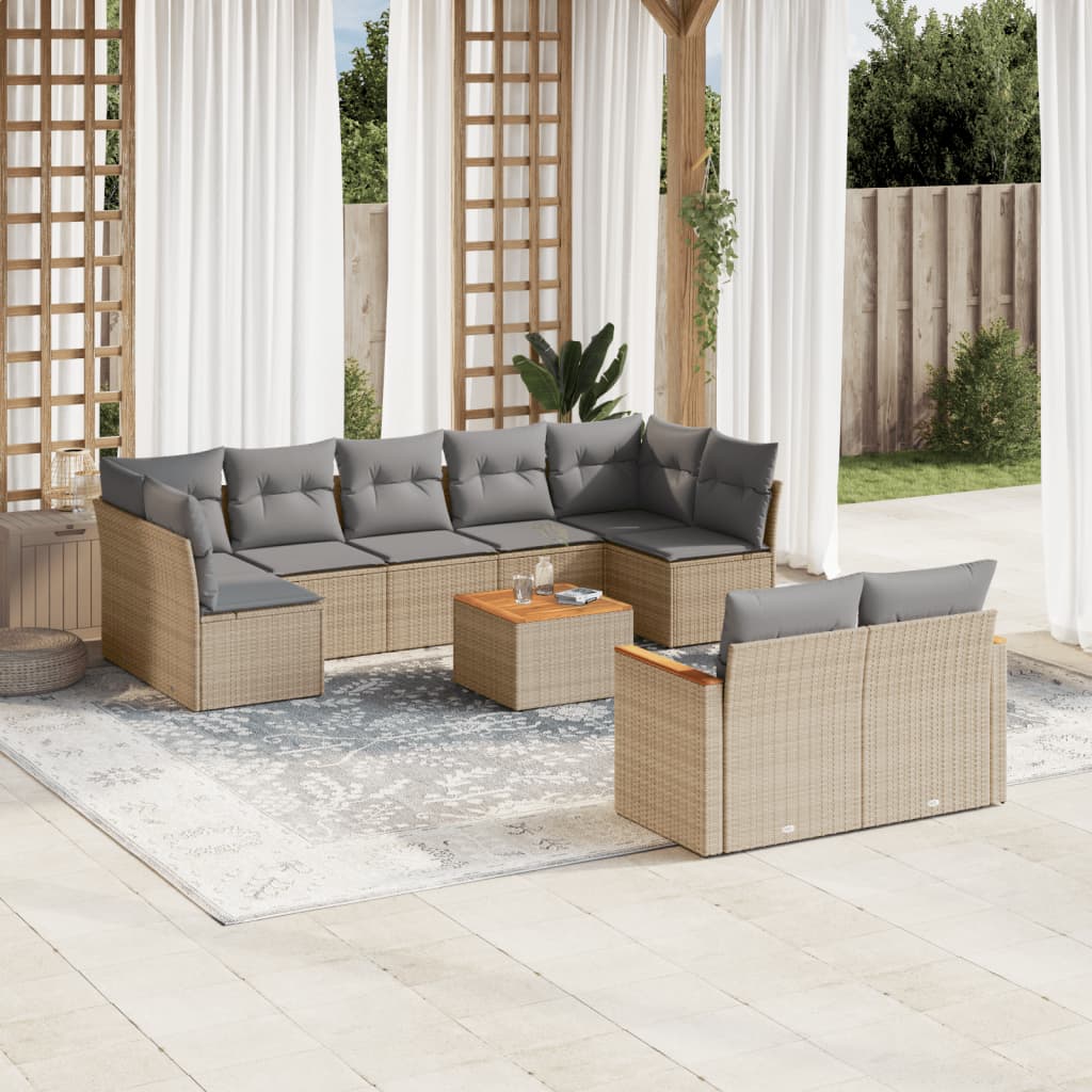 vidaXL 10-tlg. Garten-Sofagarnitur mit Kissen Beige Poly Rattan