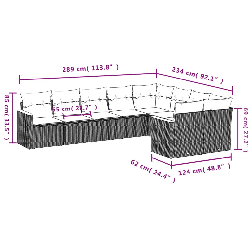 Set canapele de grădină, 9 piese, cu perne, gri, poliratan 3258707 - imagine 3