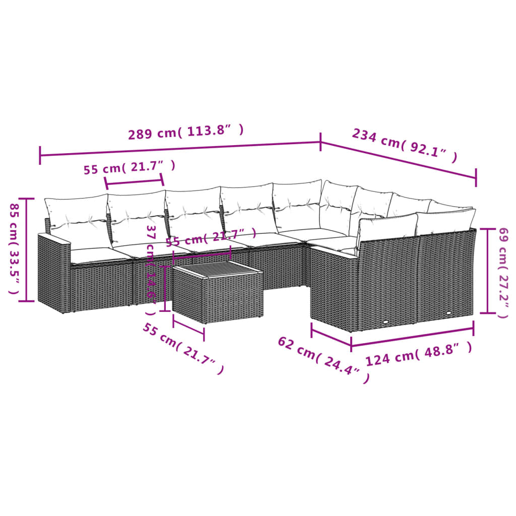 Set canapele de grădină cu perne, 10 piese, negru, poliratan 3258710 - imagine 3