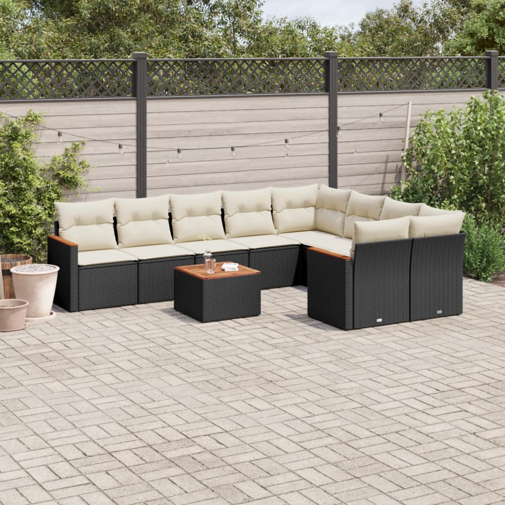 vidaXL 10-tlg. Garten-Sofagarnitur mit Kissen Schwarz Poly Rattan