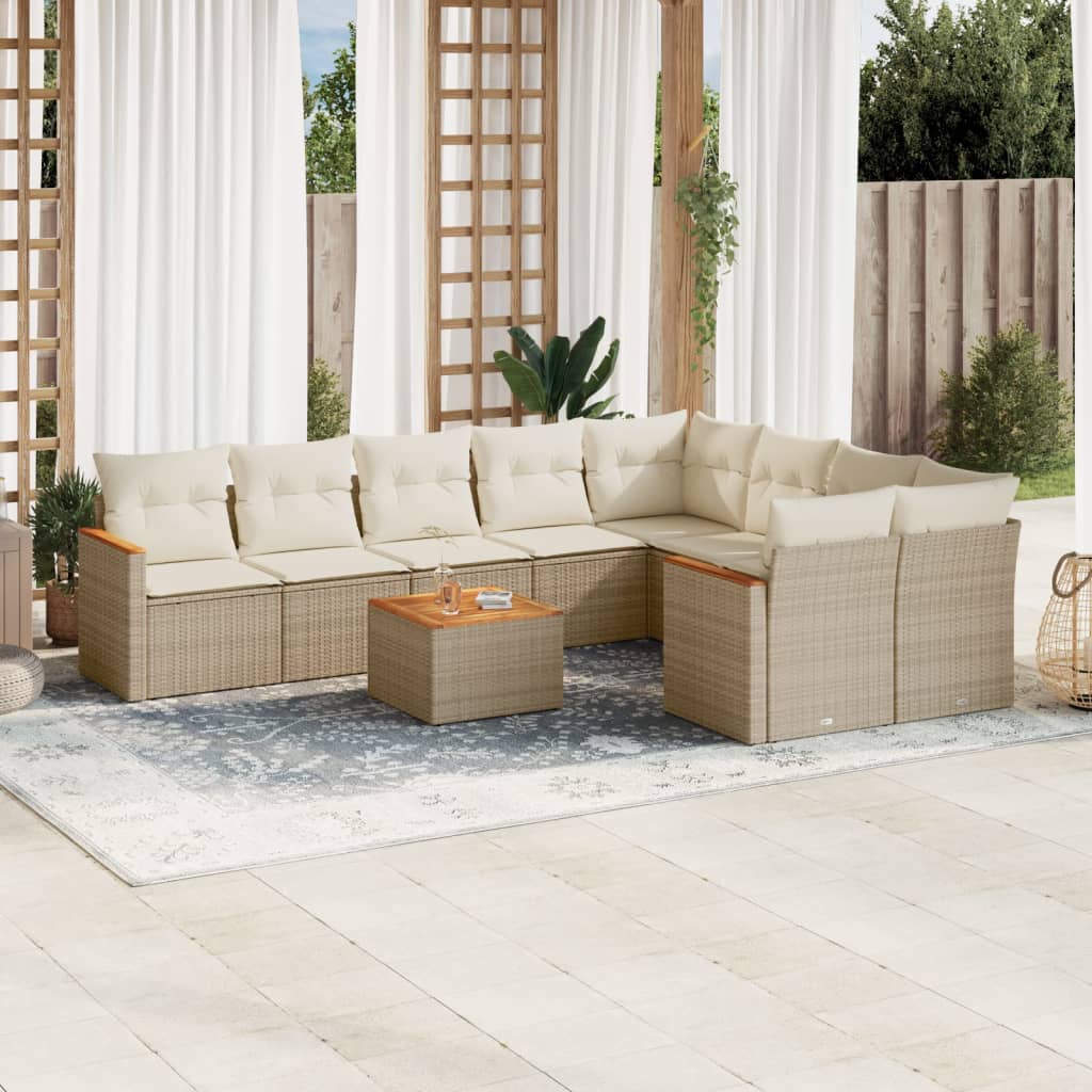 vidaXL 10-tlg. Garten-Sofagarnitur mit Kissen Beige Poly Rattan