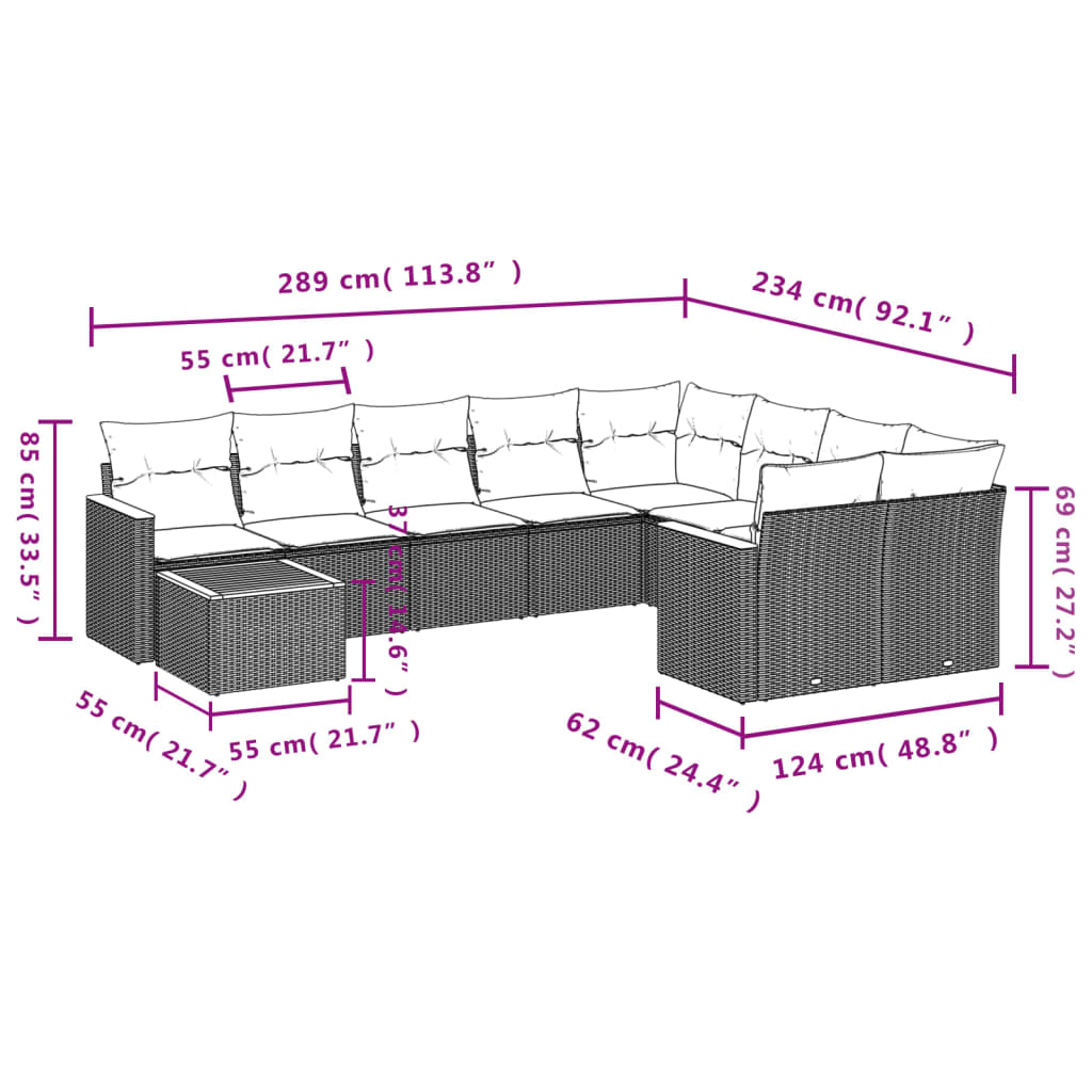Set canapele de grădină cu perne, 10 piese, negru, poliratan 3258716 - imagine 3