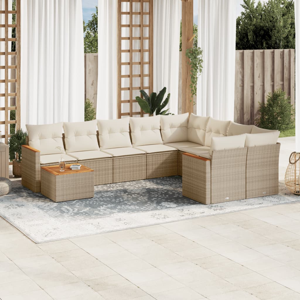 vidaXL 10-tlg. Garten-Sofagarnitur mit Kissen Beige Poly Rattan