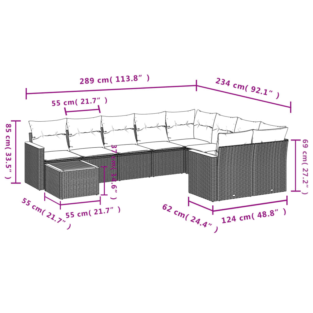 Set mobilier de grădină cu perne, 10 piese, gri, poliratan 3258721 - imagine 3