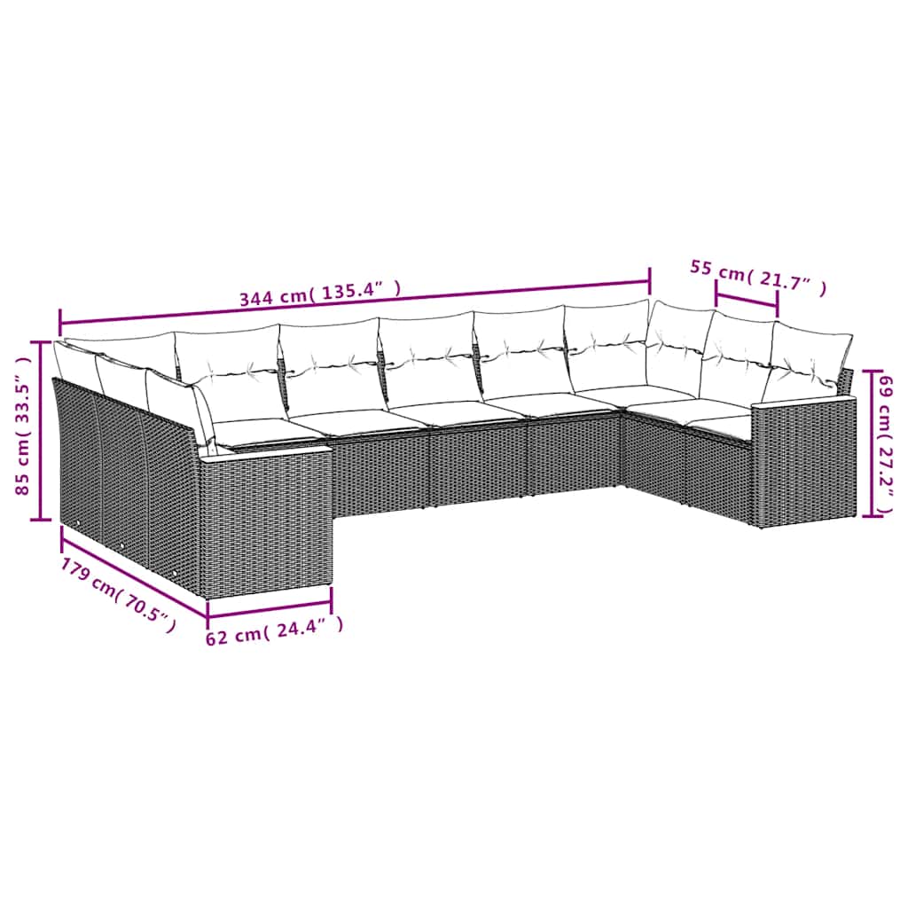 Set canapele de grădină cu perne, 10 piese, negru, poliratan 3258723 - imagine 3