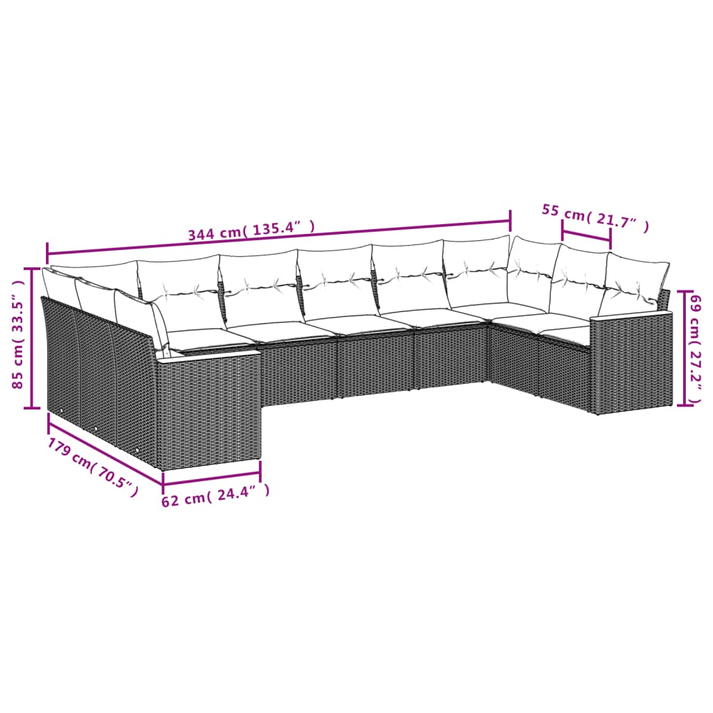 Set canapele de grădină cu perne, 10 piese, negru, poliratan 3258724 - imagine 3