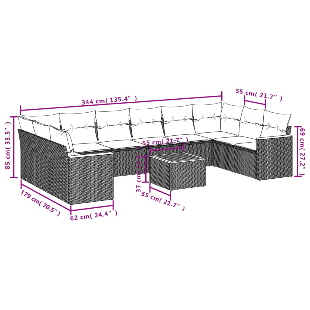 vidaXL 11-delige Tuinset met kussens poly rattan beige