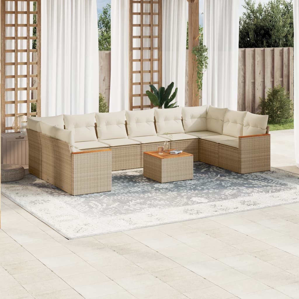 vidaXL 11-tlg. Garten-Sofagarnitur mit Kissen Beige Poly Rattan