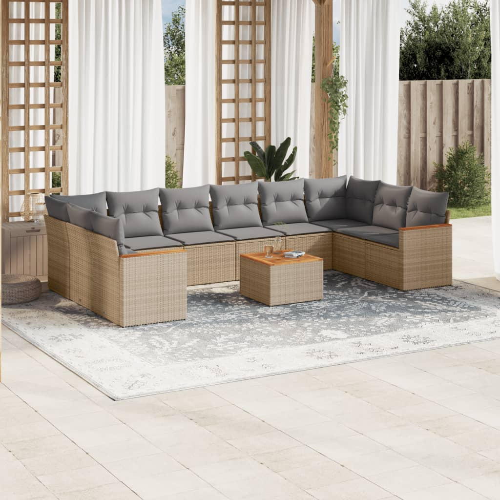 vidaXL 11-tlg. Garten-Sofagarnitur mit Kissen Beige Poly Rattan