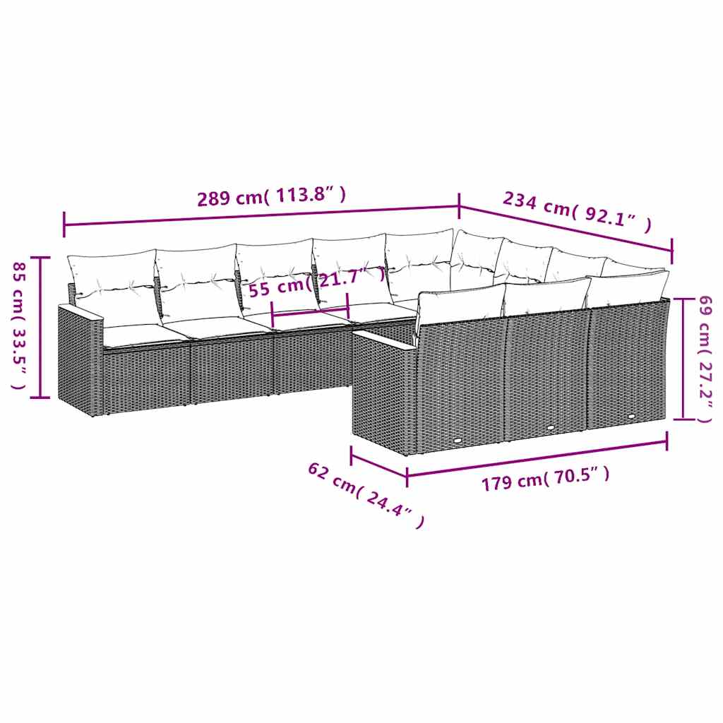 Set canapele de grădină cu perne, 10 piese, negru, poliratan 3258737 - imagine 3