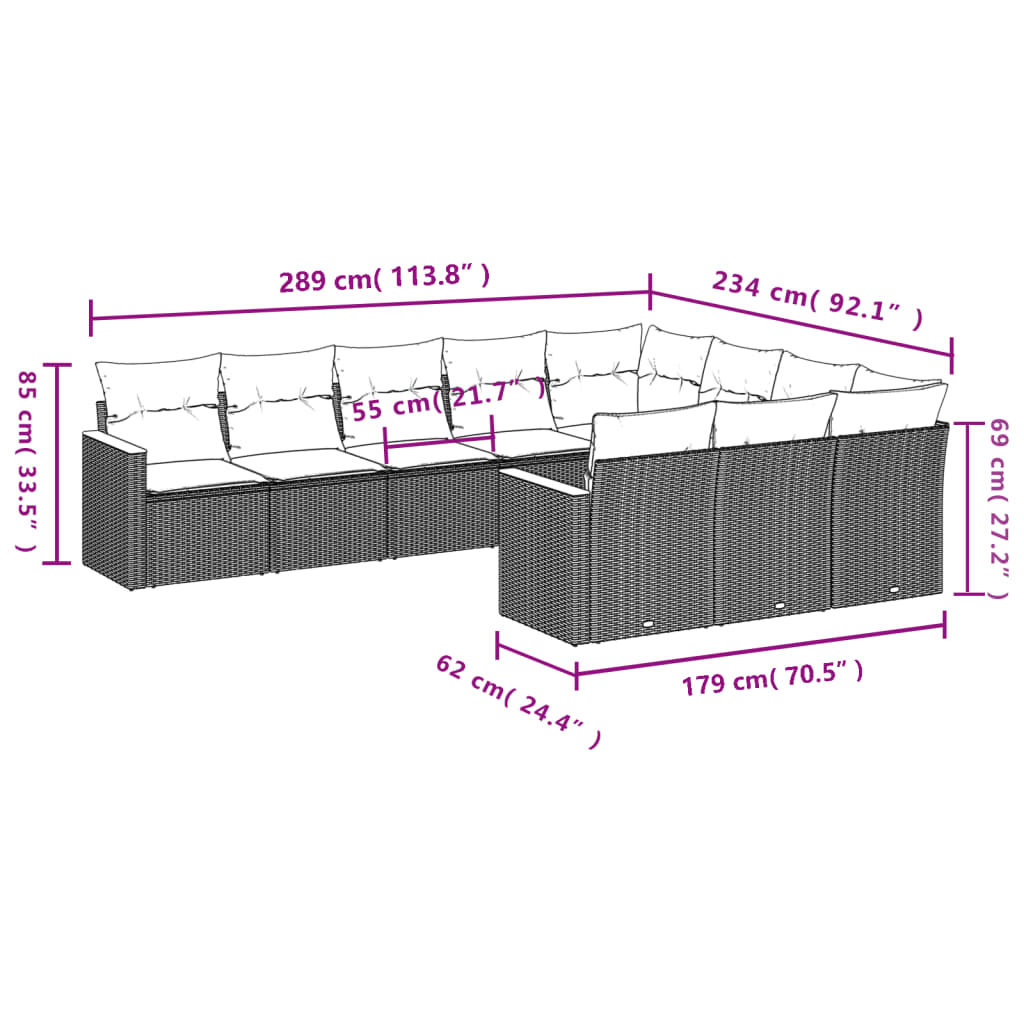Set canapele de grădină cu perne, 10 piese, bej, poliratan 3258741 - imagine 3