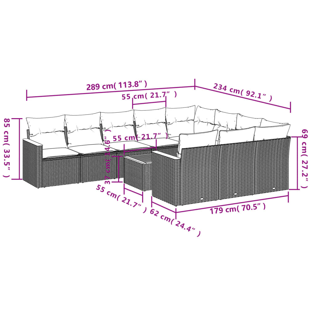 vidaXL 11-delige Tuinset met kussens poly rattan beige