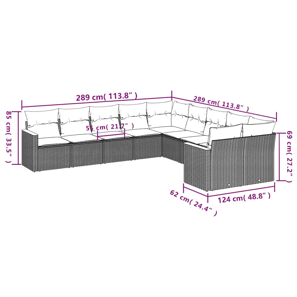 Set canapele de grădină cu perne, 10 piese, negru, poliratan 3258751 - imagine 3