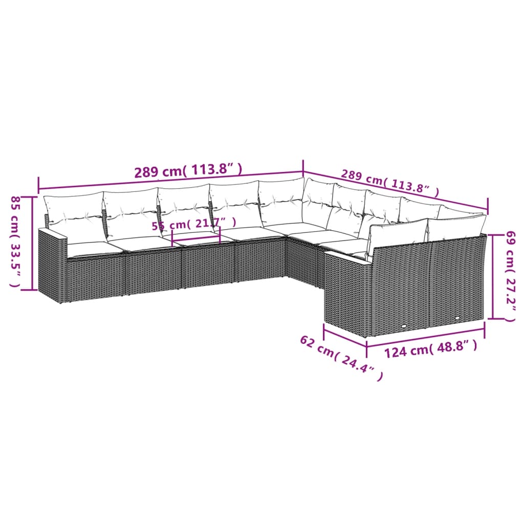 Set canapele de grădină cu perne, 10 piese, negru, poliratan 3258752 - imagine 3