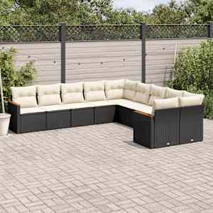 Vrtna sedežna garnitura 10-delna z blazinami črn poli ratan