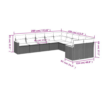 vidaXL Градински диван с възглавници, 10 части, бежов полиратан