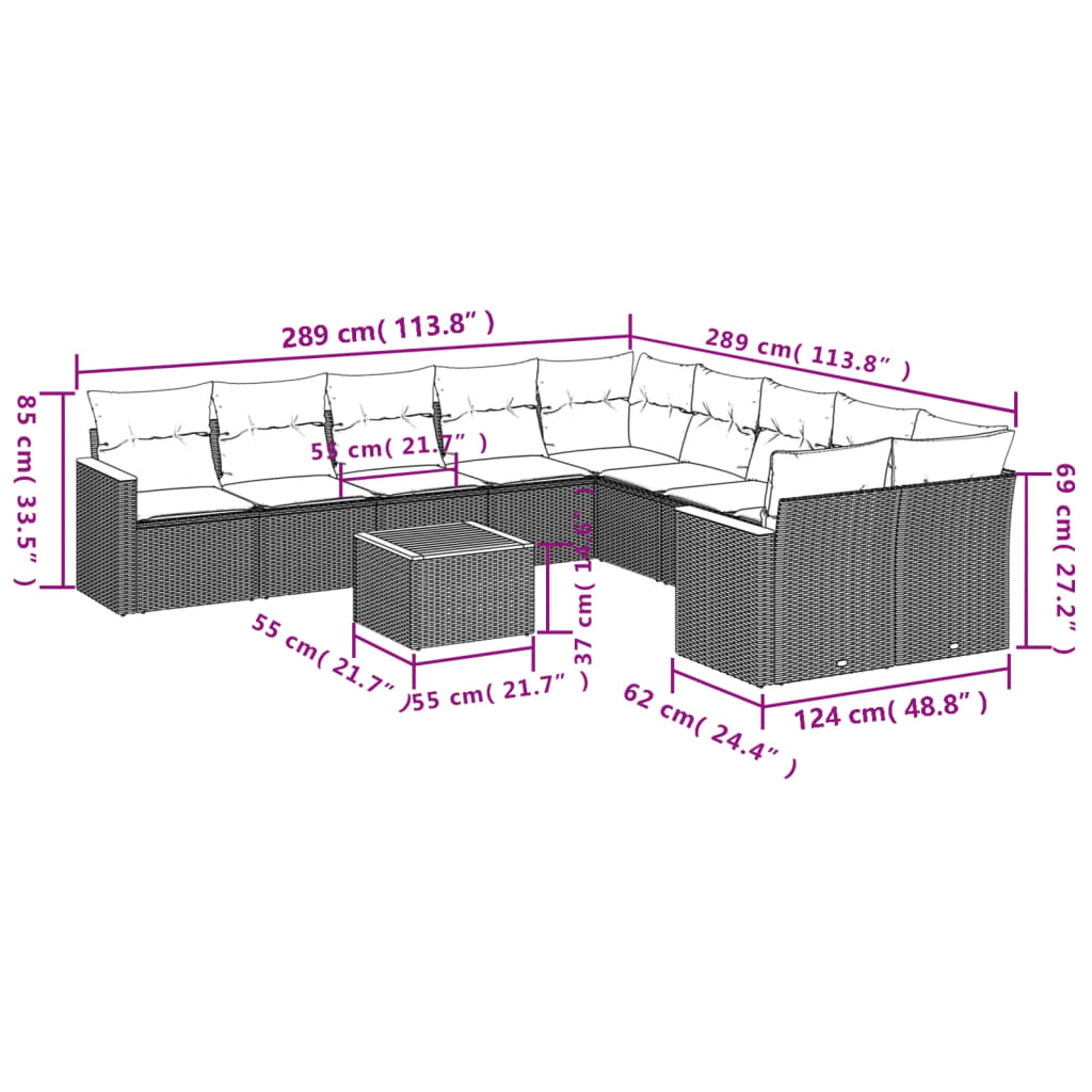 vidaXL 11-delige Tuinset met kussens poly rattan beige