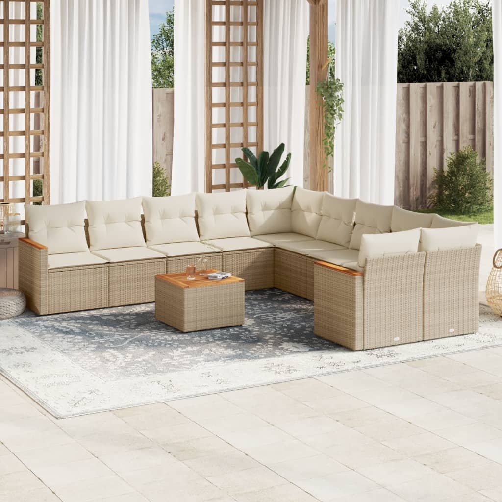 vidaXL 11-tlg. Garten-Sofagarnitur mit Kissen Beige Poly Rattan