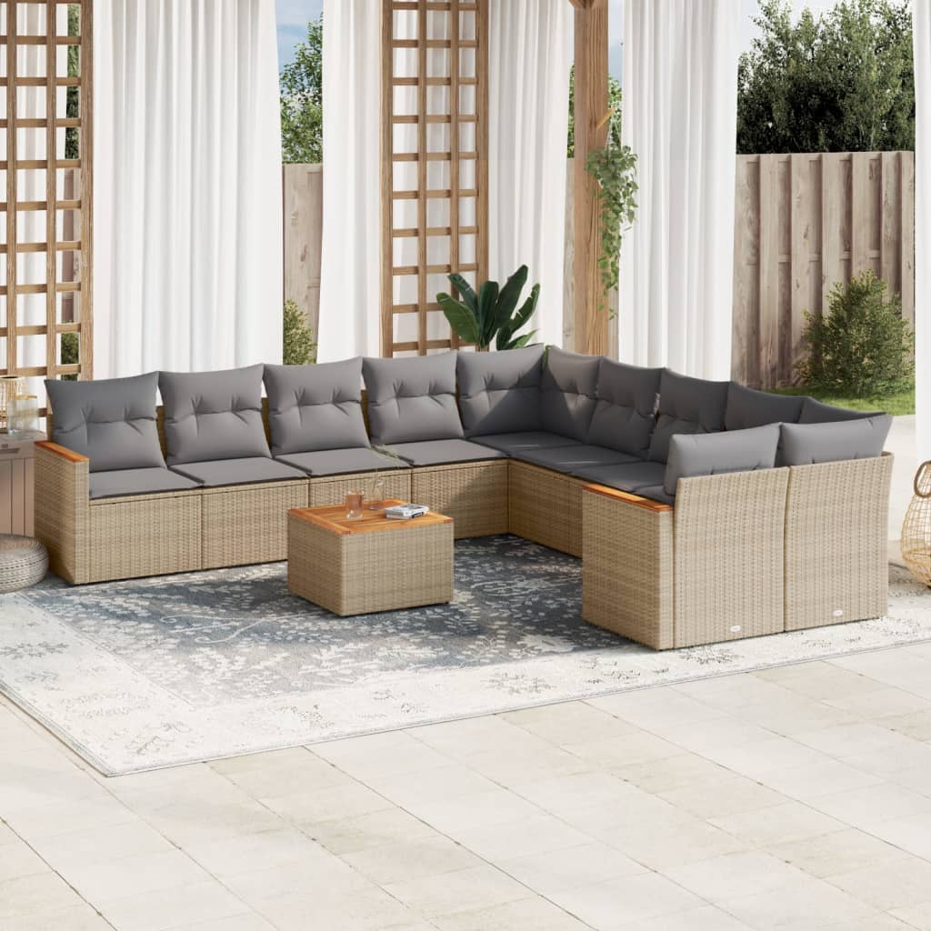 vidaXL 11-tlg. Garten-Sofagarnitur mit Kissen Beige Poly Rattan