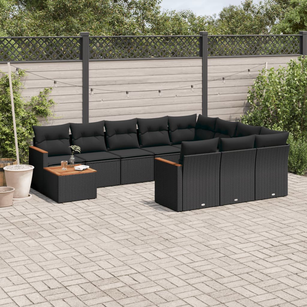 vidaXL 11-tlg. Garten-Sofagarnitur mit Kissen Schwarz Poly Rattan