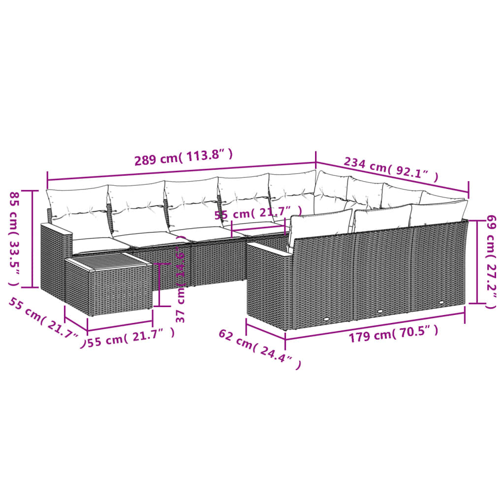 vidaXL 11-delige Loungeset met kussens poly rattan zwart