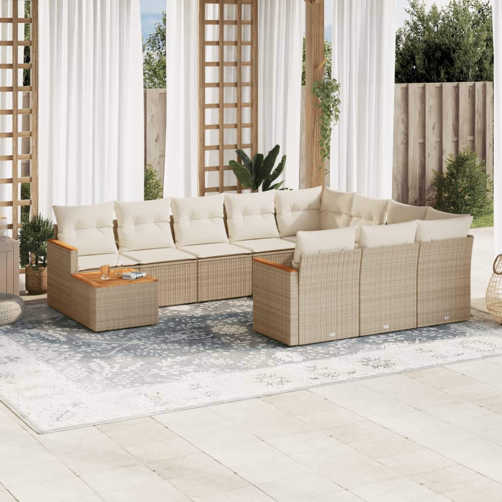 vidaXL 11-tlg. Garten-Sofagarnitur mit Kissen Beige Poly Rattan